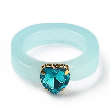 Resin Finger Rings, with Plastic Rhinestone, Heart, Golden, Sky Blue, US Size 6, Inner Diameter: 17mm