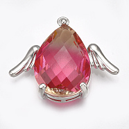K9 Glass Pendants, with Brass Findings, Faceted, Teardrop with Wing, Platinum, Fuchsia, 21.5x25.5x8mm, Hole: 1.5mm(GLAA-S180-06D)