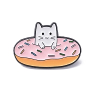 Black Alloy Brooches, Enamel Pins, Cat with Food, Donut, 21x31x1.4mm(JEWB-E036-01EB-03)