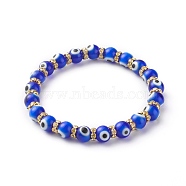 Handmade Evil Eye Lampwork Beaded Stretch Bracelets, with Flat Round Brass Rhinestone Beads, Blue, Inner Diameter: 2-1/2 inch(6.3cm)(BJEW-JB06463-01)