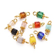 Faceted Cube Transparent Glass Links Connectors, with Golden Plated Alloy and Brass Findings, Mixed Color, 13x4.3x4.3mm, Hole: 1.6~2.2mm(PALLOY-JF00468-M)