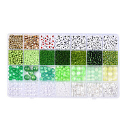 DIY 28 Style Resin & Acrylic & ABS Beads Jewelry Making Finding Kit, Flat Round & Rice & Barrel & Nugget & Heart & Strip, Yellow Green, 5.5~18.5x7~14x2~12x1.5~11mm, Hole: 0.7~2mm(DIY-NB0012-03D)