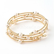 Natural Pearl Beads Four Loops Wrap Bracelets, with Copper & Steel Memory Wire, Brass Beads , Golden, 5/8 inch(1.5cm), Inner Diameter: 1-7/8 inch(4.8cm)(BJEW-JB06614)