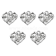 Alloy Crystal Rhinestone Pendants, Heart with Butterfly Charms, Platinum, 14x15x3mm, Hole: 1.6mm(FIND-YW0001-90)