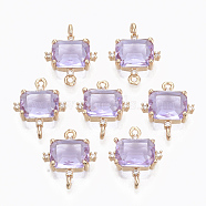 Glass Links connectors, with Brass Micro Pave Cubic Zirconia, Faceted, Cuboid, Light Gold, Medium Orchid, 17.5x14x5.5mm, Hole: 1.2mm(GLAA-T021-10E)