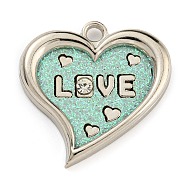 Alloy Pendants, with PU Leather, Rhinestone and Glitter Powder, Heart with Word Love, Cadmium Free & Lead Free, for Valentine's Day, Turquoise, 29x29.5x4mm, Hole: 3mm(FIND-C052-01P-02)