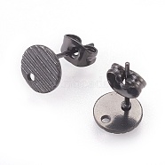 304 Stainless Steel Ear Stud Findings, with Ear Nuts/Earring Backs and Hole, Textured Flat Round with Cross Grain, Electrophoresis Black, 8mm, Hole: 1.2mm, Pin: 0.8mm(X-STAS-O119-17A-B)