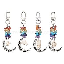 Alloy Hollow Moon Pendant Decorations, Natural & Synthetic Mixed Stone Chip and Swivel Clasps Charm, Mixed Shapes, Beige, 102mm(HJEW-JM01613-02)