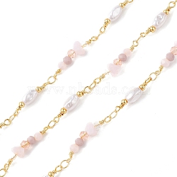 Brass Glass Bead Link Chains with ABS Imitation Pearl Beads, Unwelded, with Spool, Golden, Seashell Color, 19.5~24.5x4.5~6x4~6mm(CHS-P016-39G-08)