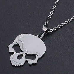 201 Stainless Steel Pendants Necklaces, with Cable Chains and Lobster Claw Clasps, Skull, Stainless Steel Color, 17.71 inch(45cm), 1.5mm(NJEW-S105-JN681-45-1)