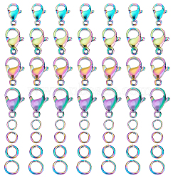 40Pcs 4 Style Ion Plating(IP) Rainbow Color 304 Stainless Steel Lobster Claw Clasps, with 40Pcs Jump Rings, 9~15x6~10x3~4mm, Hole: 1~2.2mm, 10Pcs/style(STAS-UN0039-06)
