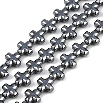 Electroplated Synthetic Non-magnetic Hematite Beads Strands, Cross, Gunmetal Plated, 6x6x3mm, Hole: 0.7mm, about 66pcs/strand, 15.75''(40cm)