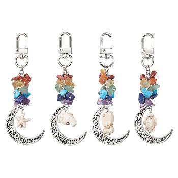 Alloy Hollow Moon Pendant Decorations, Natural & Synthetic Mixed Stone Chip and Swivel Clasps Charm, Mixed Shapes, Beige, 102mm