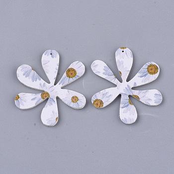 Printing PU Leather Pendants, with Double-Sided Flower Pattern, Flower, Azure, 45.5x40x2mm, Hole: 1mm
