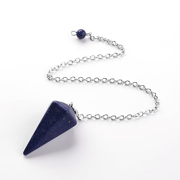 Platinum Tone Brass Lapis Lazuli Cone Hexagonal Pointed Dowsing Pendulums, with Lobster Claw Clasps, 230x3mm