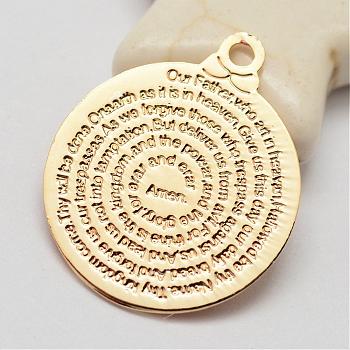 Brass Pendants, Long-Lasting Plated, Flat Round, with Word, Saying Charms, Golden, 18.5x15x0.5mm, Hole: 1.5mm