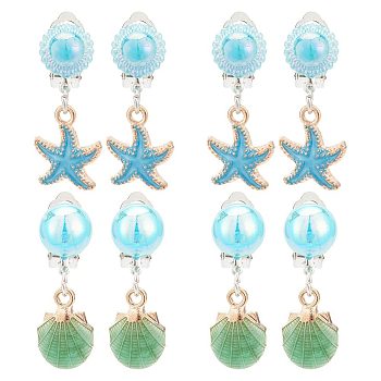 4 Pair 2 Style Imitation Shell Enamel Dangle Clip-on Earrings, Platinum Alloy Ocean Theme Jewelry for Women, Starfish, 37~40.5mm, 1 Pair/style