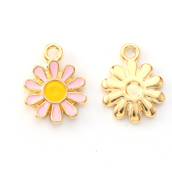 Alloy Enamel Charms, Flower, Light Gold, Pink, 14x12x2mm, Hole: 1.6mm