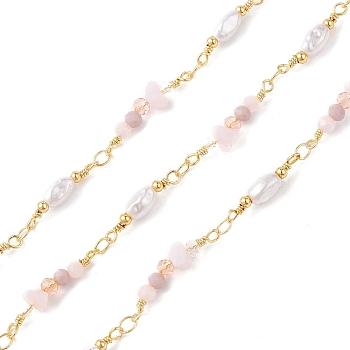 Brass Glass Bead Link Chains with ABS Imitation Pearl Beads, Unwelded, with Spool, Golden, Seashell Color, 19.5~24.5x4.5~6x4~6mm