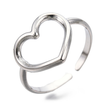 304 Stainless Steel Hollow Heart Cuff Rings, Open Rings for Women Girls, Stainless Steel Color, US Size 7(17.5mm)