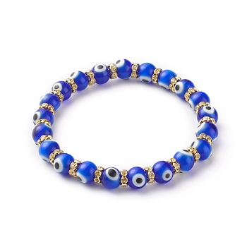 Handmade Evil Eye Lampwork Beaded Stretch Bracelets, with Flat Round Brass Rhinestone Beads, Blue, Inner Diameter: 2-1/2 inch(6.3cm)