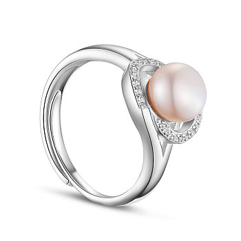 SHEGRACE Rhodium Plated 925 Sterling Silver Finger Ring, Micro Pave AAA Cubic Zirconia Oval with Freshwater Pearl, Platinum, PeachPuff, 18mm