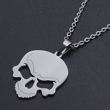 201 Stainless Steel Pendants Necklaces, with Cable Chains and Lobster Claw Clasps, Skull, Stainless Steel Color, 17.71 inch(45cm), 1.5mm