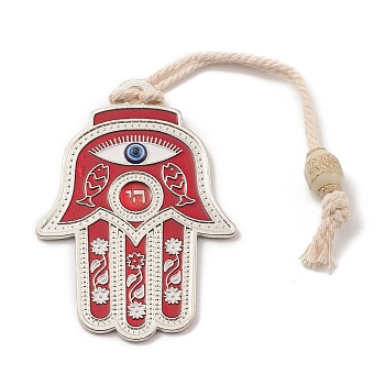 Hamsa Hand/Hand of Miriam with Evil Eye Alloy Resin Pendant Decorations, Jute Tassel Hanging Ornaments, Antique Silver, Red, 210mm