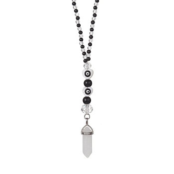 Glass & Synthetic Black Stone Beaded Pendant Decorations, with Natural Quartz Crystal Pointed Charms for Car Hanging Decoration, Black, 24cm