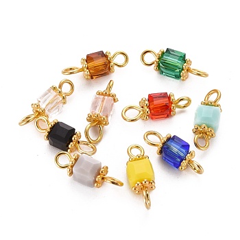 Faceted Cube Transparent Glass Links Connectors, with Golden Plated Alloy and Brass Findings, Mixed Color, 13x4.3x4.3mm, Hole: 1.6~2.2mm