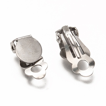 304 Stainless Steel Clip-on Earring Findings, with Round Flat Pad, For Non-pierced Ears, Stainless Steel Color, 17.5x8x6mm, Tray: 8mm