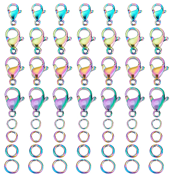 40Pcs 4 Style Ion Plating(IP) Rainbow Color 304 Stainless Steel Lobster Claw Clasps, with 40Pcs Jump Rings, 9~15x6~10x3~4mm, Hole: 1~2.2mm, 10Pcs/style