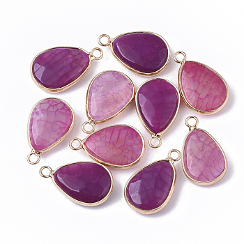 Natural Agate Pendants, with Golden Tone Brass Open Back Bezel, Faceted, Dyed, Teardrop, 23.5x14x6mm, Hole: 2mm