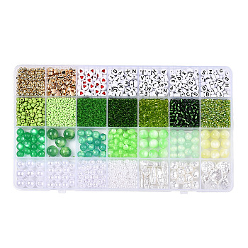 DIY 28 Style Resin & Acrylic & ABS Beads Jewelry Making Finding Kit, Flat Round & Rice & Barrel & Nugget & Heart & Strip, Yellow Green, 5.5~18.5x7~14x2~12x1.5~11mm, Hole: 0.7~2mm