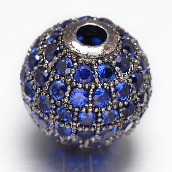 CZ Brass Micro Pave Cubic Zirconia Round Beads, Gunmetal, 10mm, Hole: 2mm