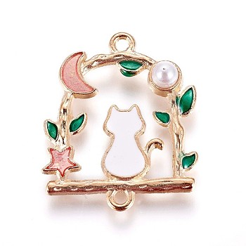Zinc Alloy Links connectors, with Enamel and Acrylic Pearl, Cat, Light Gold, Salmon, 27.5x23x5mm, Hole: 1.5mm