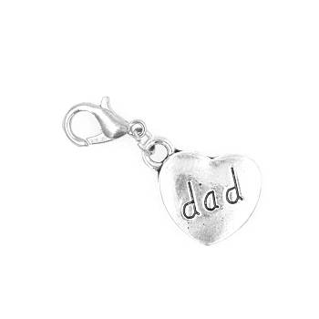 Alloy Pendants, with Lobster Claw Clasps, Heart with Word Dad, Antique Silver, 35mm