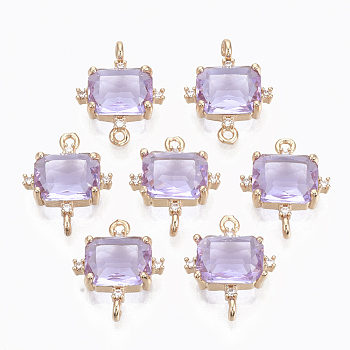 Glass Links connectors, with Brass Micro Pave Cubic Zirconia, Faceted, Cuboid, Light Gold, Medium Orchid, 17.5x14x5.5mm, Hole: 1.2mm