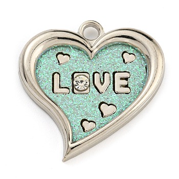 Alloy Pendants, with PU Leather, Rhinestone and Glitter Powder, Heart with Word Love, Cadmium Free & Lead Free, for Valentine's Day, Turquoise, 29x29.5x4mm, Hole: 3mm