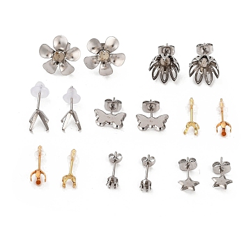 Stainless Steel Stud Earring Findings, Flower/Butterfly/Star, Golden & Stainless Steel Color, Tray: 3.5~7x3.5~11mm3.5~15x3.5~14mm, Pin: 0.8x11mm