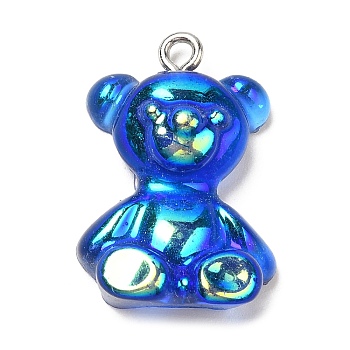 Transparent Resin Pendants, Iridescent Bear Charms with Platinum Plated Iron Loops, Medium Blue, 24.5~25.5x17~18x8~8.5mm, Hole: 1.8mm