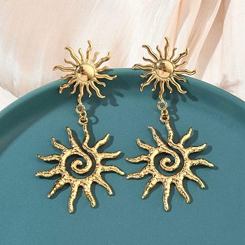 304 Stainless Steel Stud Earrings, Sun, Ion Plating(IP), Long-Lasting Plated, Real 18K Gold Plated, 70x34mm