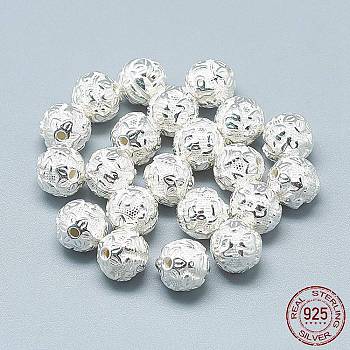 925 Sterling Silver Om Beads, Round with Om Mani Padme Hum, Silver, 8mm, Hole: 1.2mm