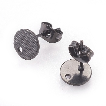 304 Stainless Steel Ear Stud Findings, with Ear Nuts/Earring Backs and Hole, Textured Flat Round with Cross Grain, Electrophoresis Black, 8mm, Hole: 1.2mm, Pin: 0.8mm