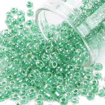 8/0 Glass Seed Beads, Transparent Inside Colours Luster, Round Hole, Round, Green, 8/0, 3~4x2~3mm, Hole: 0.8mm, about 15000pcs/bag