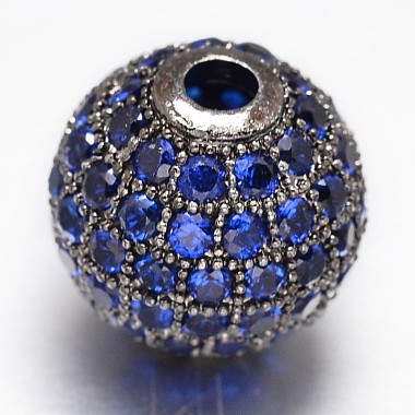 10mm Blue Round Brass+Cubic Zirconia Beads
