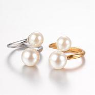 304 Stainless Steel Finger Rings, with Imitation Pearl, Size 6~9, Mixed Color, 16~19mm(STAS-G067-09)