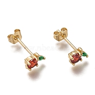 Brass Stud Earrings, with Cubic Zirconia and Ear Nuts, Apple, Red, Golden, 6.5x4.5mm, Pin: 0.7mm(ZIRC-I051-06G)