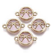 Glass Links Connectors, with Light Gold Plated Alloy Findings, Flat Round with Bowknot, Pearl Pink, 13.5x19.5x6.5mm, Hole: 1.6mm(X-GLAA-T015-23G)