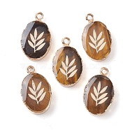 Natural Tiger Eye Oval Pendants, Golden Plated Brass Oval Charms with Leaf, 22~22.5x13~13.5x4.5mm, Hole: 1.6~1.8mm(G-C102-07G-06)